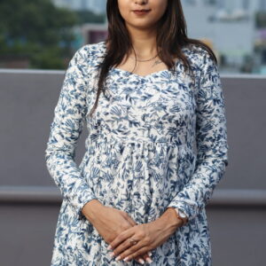 White with blue floral print short flared tunic top