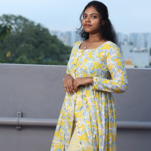 Yellow with white and light blue floral print front open kurti with chevron pattern pant